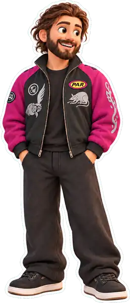 Clay-style 3D character of Sviat in a pink and black varsity jacket